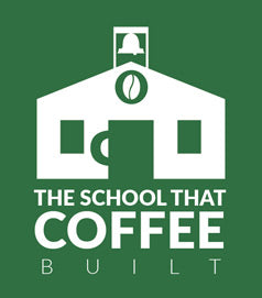 The School that Coffee Built logo in green and white